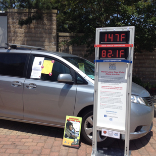 Outdoor heatstroke prevention display, with the in-and-out-of car temperature monitors